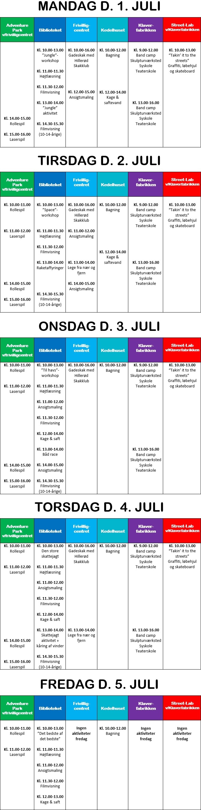 Sommerferieaktiviteter ugeprogram